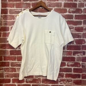 Talbots White Short Sleeve Tee with Gold Button Accents